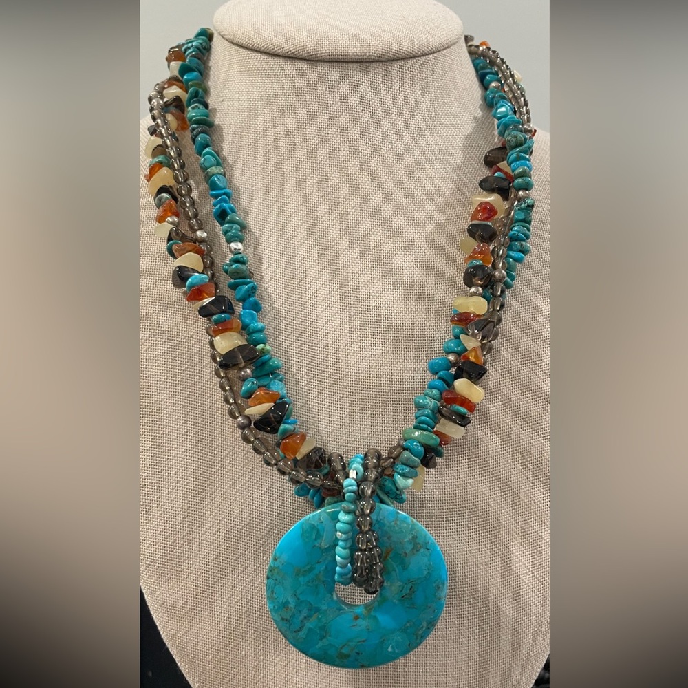 Beaded necklace semi precious stones howlite etc 925 sterling clasp boho artisan